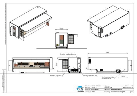 Tekening vanuit diverse aanzichten van een verkoopwagen oplegger voor brood en banket