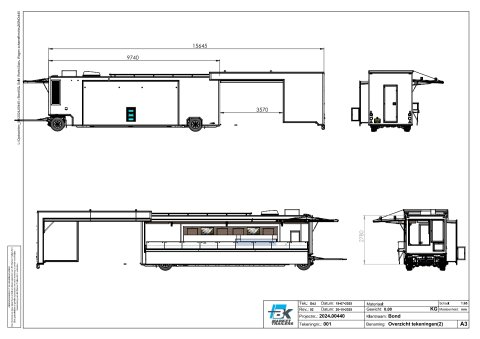 Tekening van een verkoopwagen voor vis vanuit diverse aanzichten