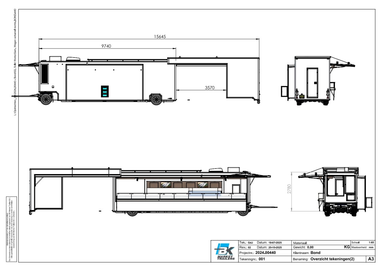 Tekening van een verkoopwagen voor vis vanuit diverse aanzichten