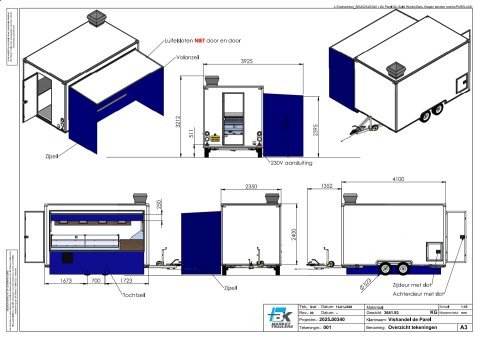 Tekening vanuit diverse aanzichten van een aanhangwagen voor vis
