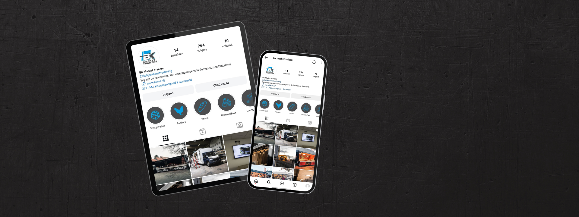 Tablet en mobiele telefoon met een overzicht van een Instagram pagina